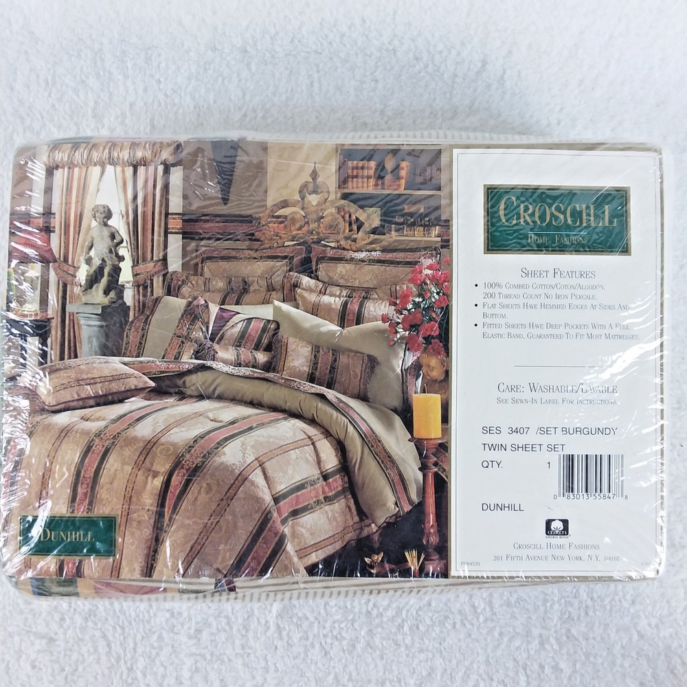 Croscill Dunhill Twin Sheet Set 200 Luxury Percale USA Green Gold Burgundy‎ NOS